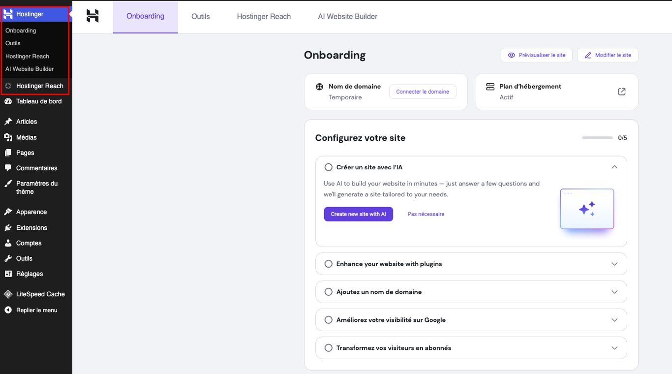 Tableau de bord WordPress, avec mise en évidence du menu Hostinger