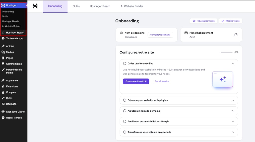 Tableau de bord WordPress, avec mise en &eacute;vidence du menu Hostinger