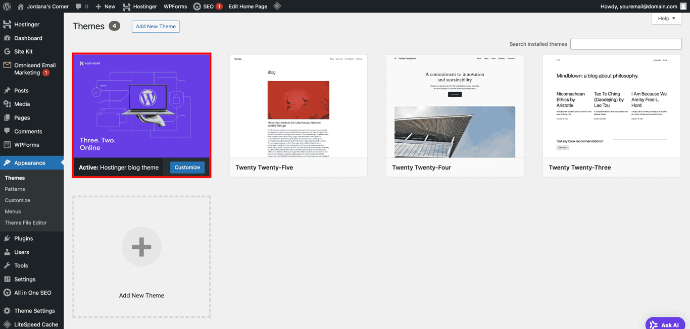 Page des thèmes WordPress, avec le bouton permettant d’ajouter un nouveau thème mis en évidence