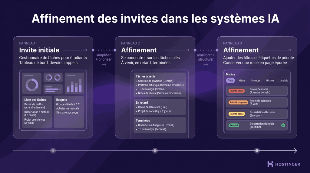 Diagramme montrant les trois panneaux de l'affinement de l'invite AI : liste de tâches générales initiale, tâches classées par ordre de priorité et tâches filtrées avec des étiquettes de priorité.