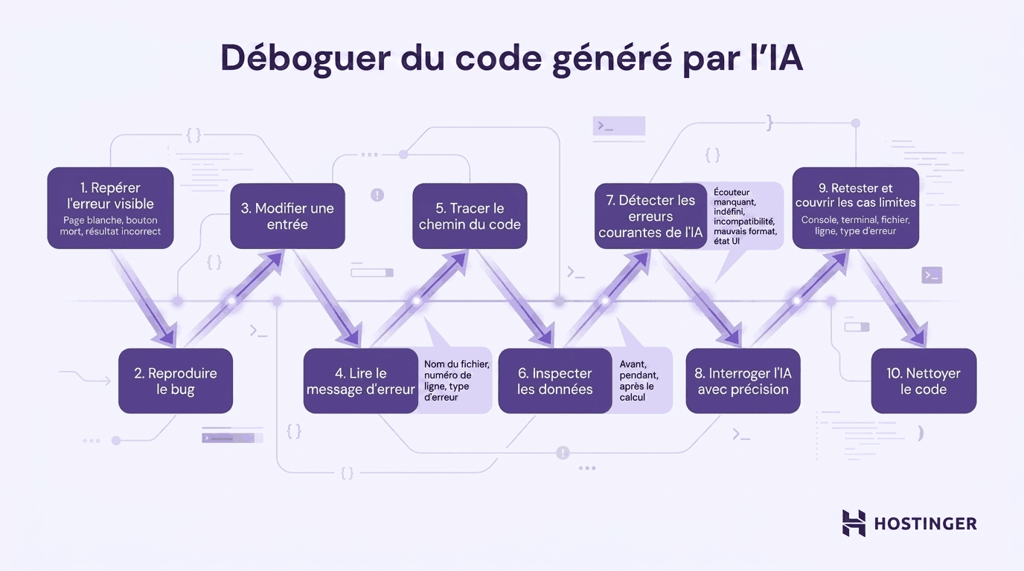 Organigramme intitulé « Débogage du code généré par l’IA » illustrant 10 étapes du processus de débogage, de l’identification d’un dysfonctionnement jusqu’au nettoyage du code, avec une courte description à chaque étape.