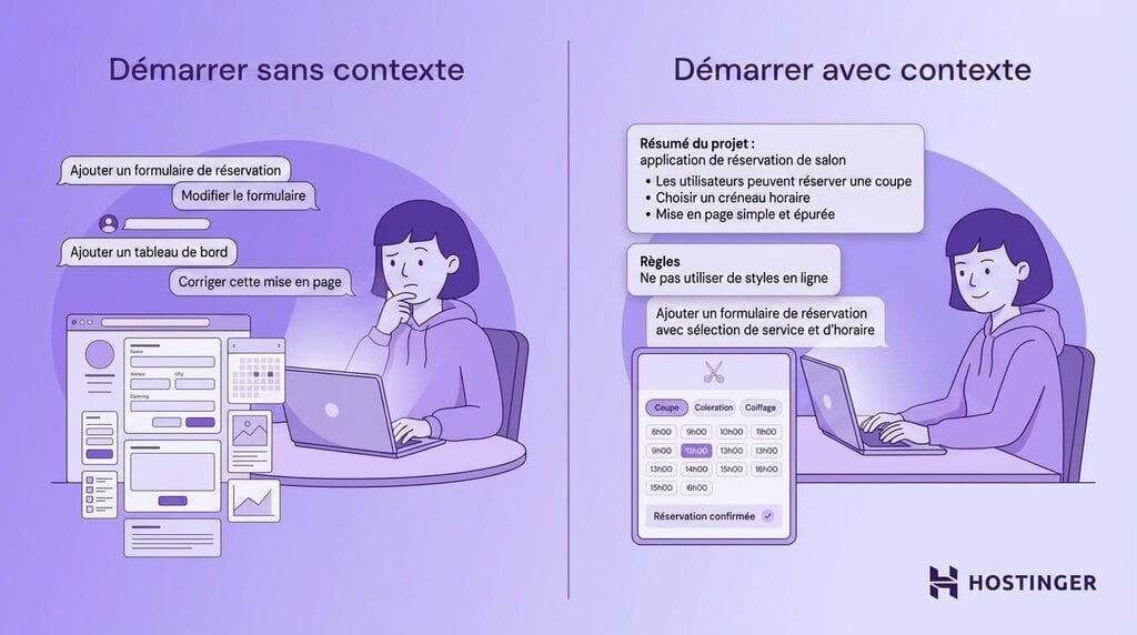 Bonnes pratiques du vibe coding : gardez un contexte cohérent d’un prompt à l’autre - illustration comparative des prompts de départ avec ou sans contexte