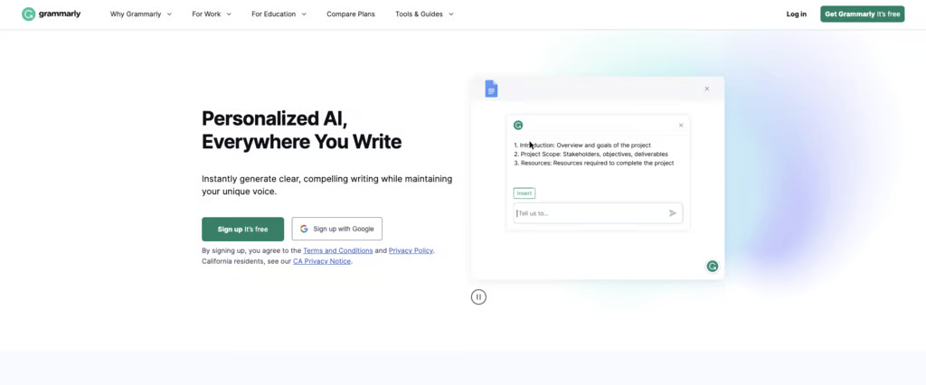 Page d'atterrissage Grammarly
