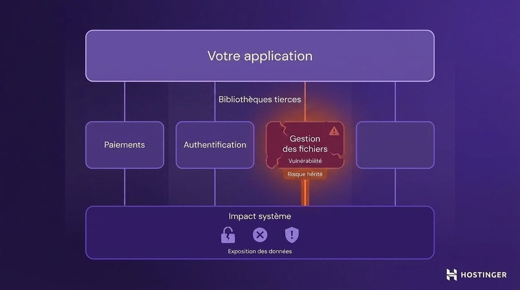 Schéma montrant une application avec des bibliothèques tierces, mettant en évidence une vulnérabilité liée à la gestion des fichiers, à l’origine d’un risque hérité et d’un risque d’impact sur le système.