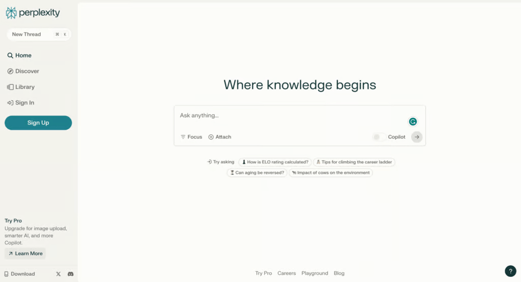 Page d'atterrissage de Preplexity AI