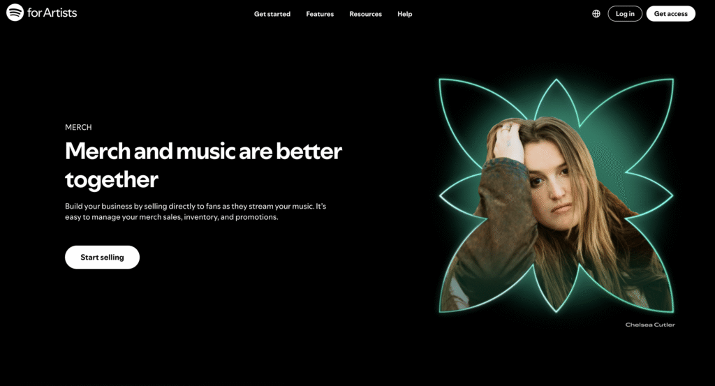 Une image promotionnelle pour Spotify for Artists mettant en avant l&rsquo;int&eacute;gration des produits d&eacute;riv&eacute;s et de la musique, avec un &eacute;l&eacute;ment de design lumineux et stylis&eacute;.
