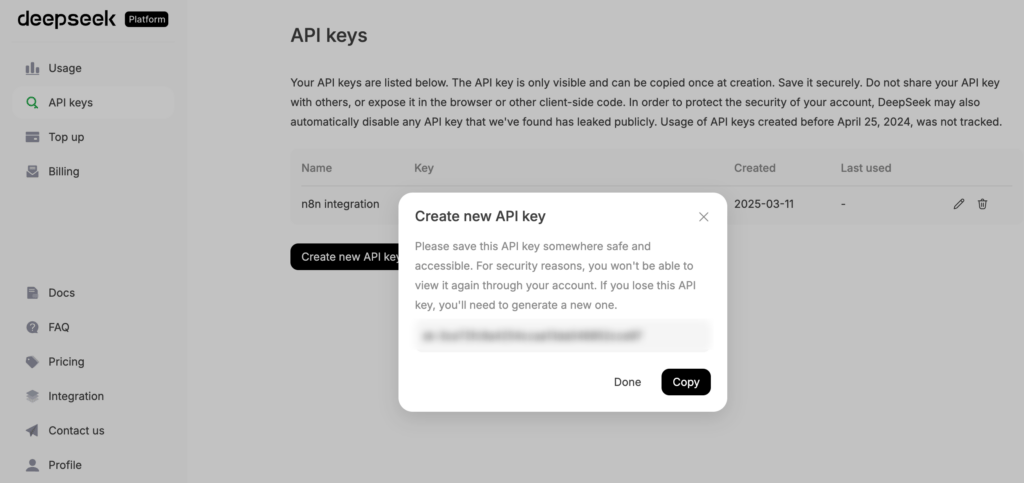 La clé API générée sur le site de la plateforme DeepSeek
