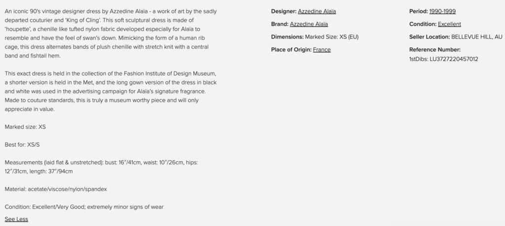 Description détaillée d’une robe de créateur vintage sur Ebay