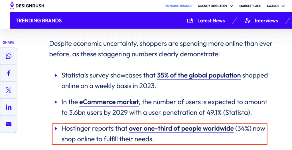 Article de DesignRush citant les statistiques originales de Hostinger sur l&rsquo;e-commerce