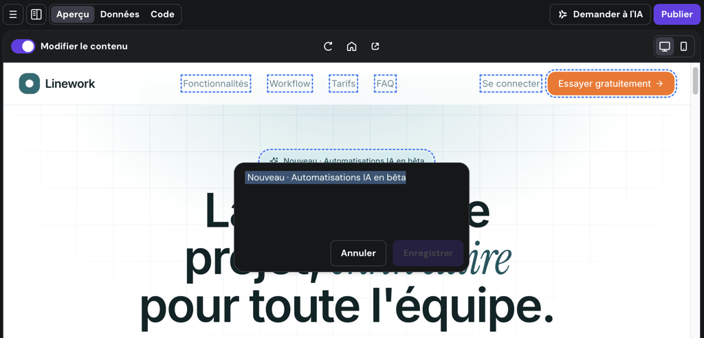 Panneau de modification de contenu dans Hostinger Horizons affichant du texte surlign&eacute; et une zone d&rsquo;&eacute;dition