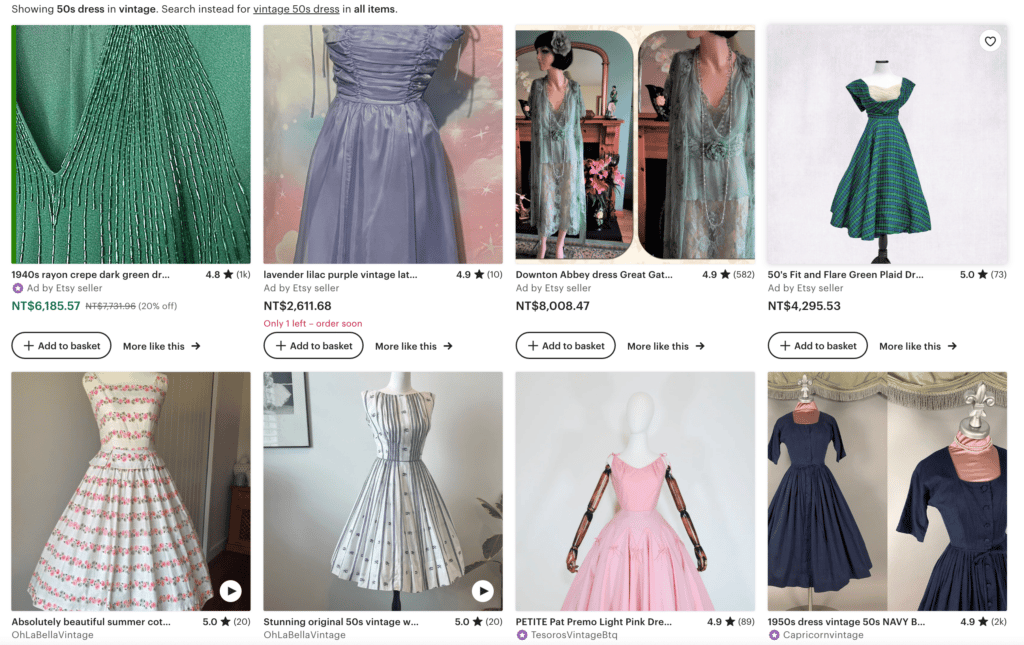 Liste de produits avec des robes vintage sur Etsy