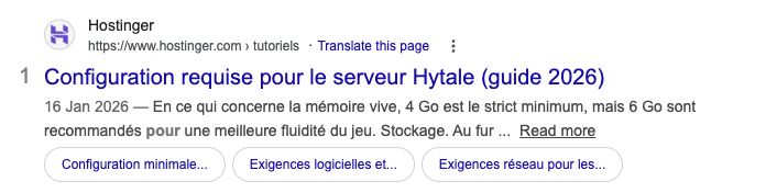 R&eacute;sultat de recherche Google affichant un tutoriel Hostinger avec la balise de titre et la m&eacute;ta-description