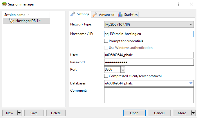 Saisie des informations de la base de donn&eacute;es MySQL dans l&rsquo;&eacute;cran de configuration de HeidiSQL