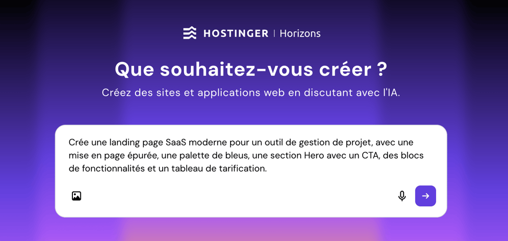 Panneau de cr&eacute;ation Hostinger Horizons avec un prompt pour cr&eacute;er une landing page SaaS