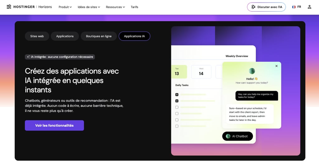 Interface de la plateforme d'IA Hostinger Horizons montrant la création d'un site web de blog avec un thème de voyage et une description de partenaire d'IA tout-en-un sur un fond sombre.