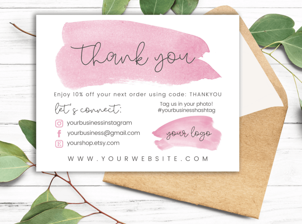 Exemple de carte de remerciement sur Etsy