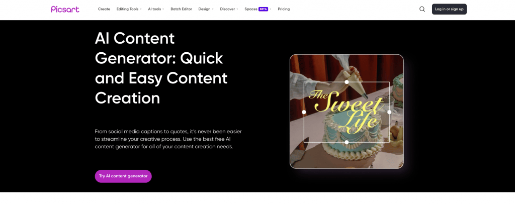 Page d'atterrissage de Picsart AI Content Generator