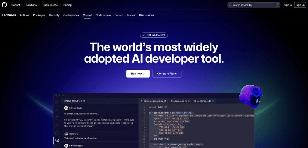 Page d'atterrissage de GitHub Copilot