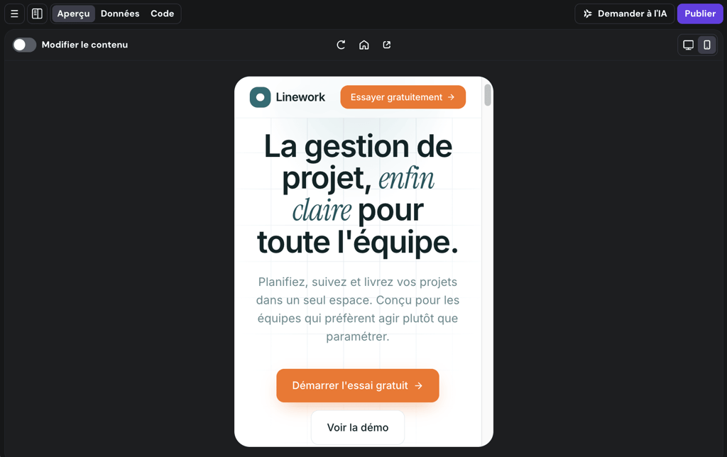 Aper&ccedil;u mobile du site web dans Hostinger Horizons