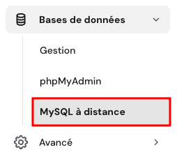 Section Connexion MySQL &agrave; distance dans hPanel