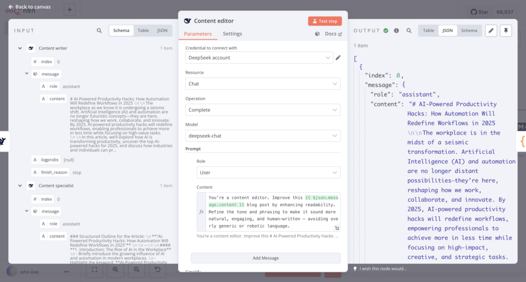 L'entrée, le dialogue de configuration et le panneau de sortie du nœud de l'éditeur de contenu DeepSeek dans n8n
