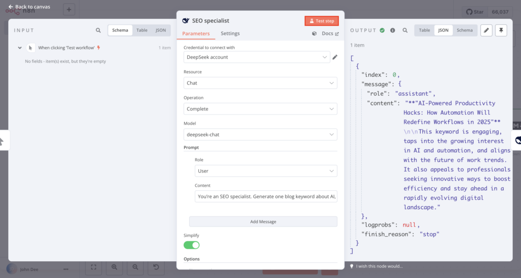L'entrée, le dialogue de configuration et le panneau de sortie du nœud DeepSeek SEO specialist dans n8n