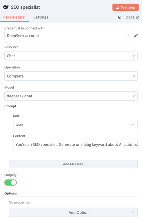 Le dialogue de configuration du spécialiste SEO DeepSeek dans n8n