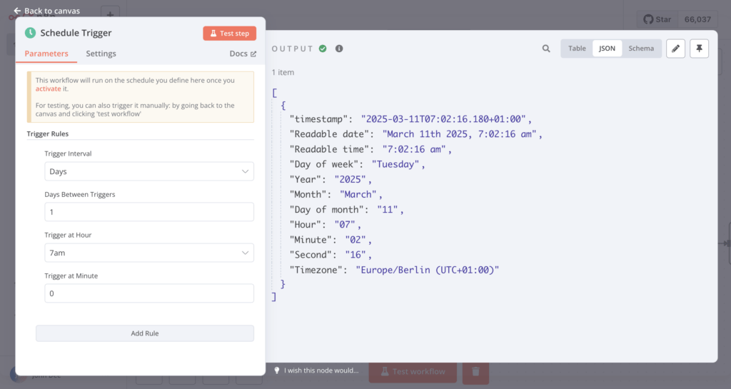 La boîte de dialogue de configuration et le panneau de sortie du nœud Schedule Trigger dans n8n