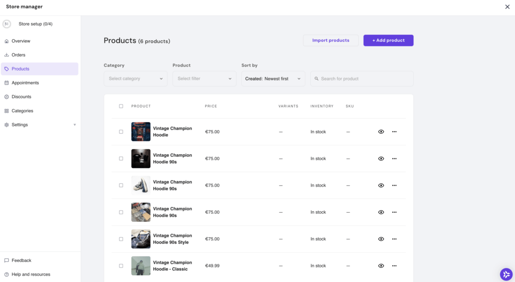 Page de gestion des produits dans le créateur de sites internet de Hostinger