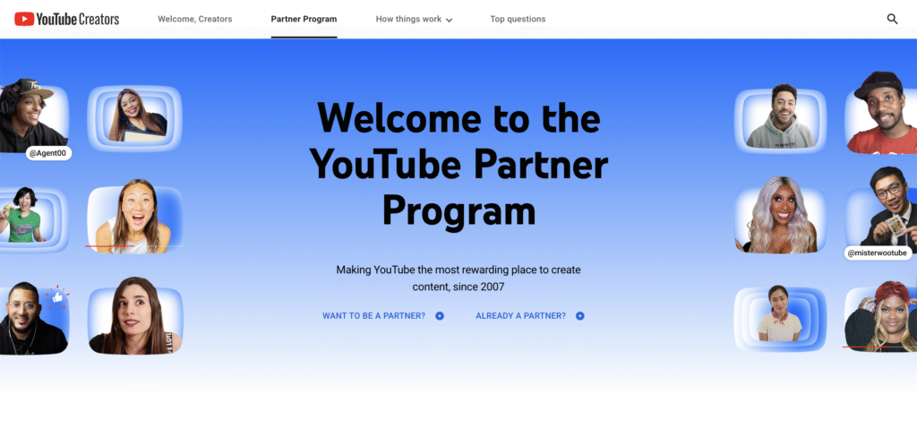 Page d&rsquo;accueil du Programme Partenaire YouTube
