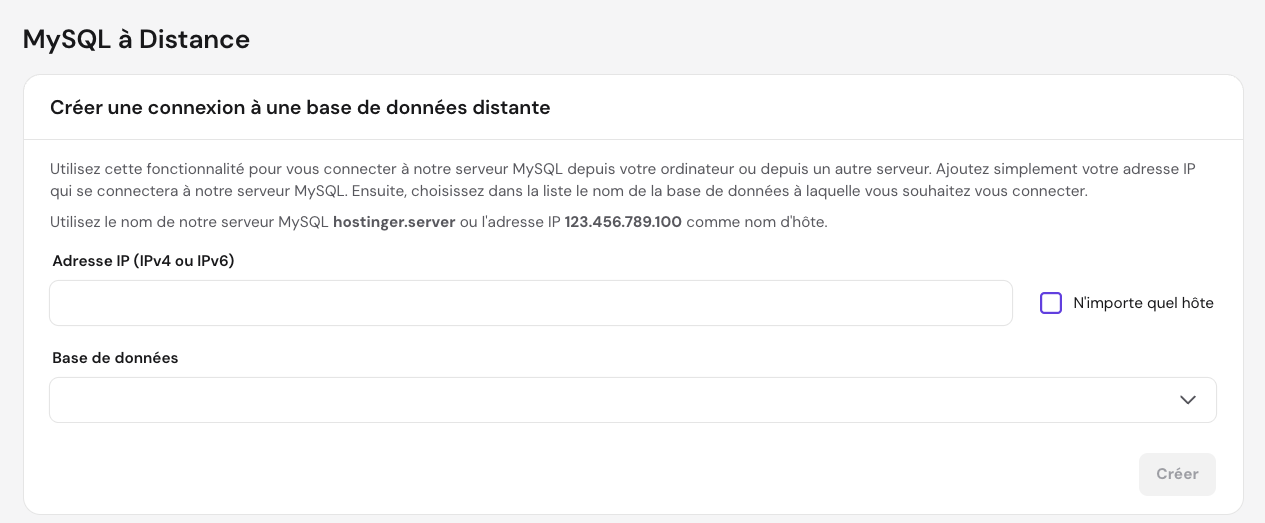 Cr&eacute;er une section de connexion &agrave; une base de donn&eacute;es distante dans hPanel
