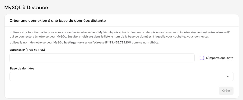 Créer une section de connexion à une base de données distante dans hPanel