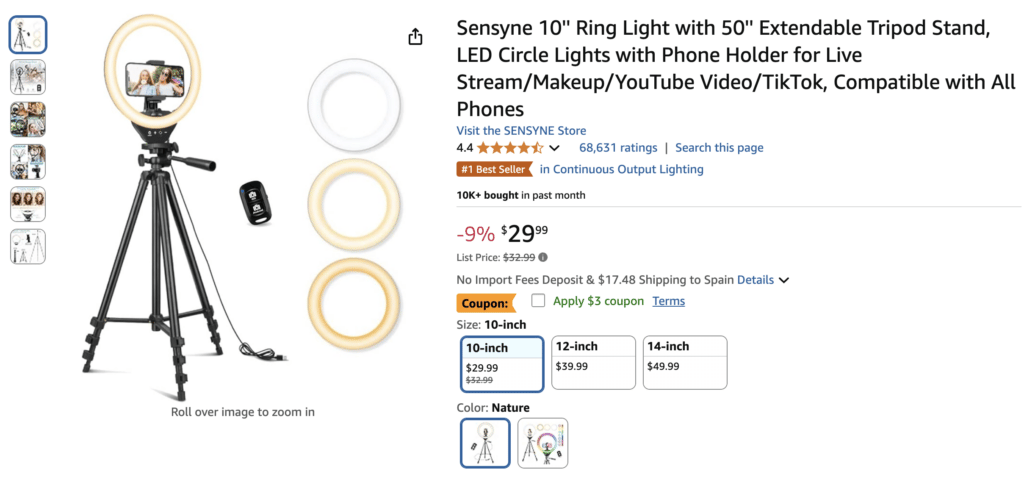 Anneau lumineux avec trépied extensible sur Amazon