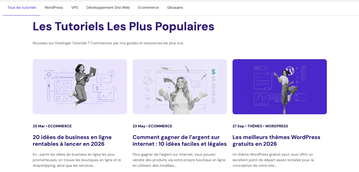 Page d&rsquo;accueil des tutoriels Hostinger