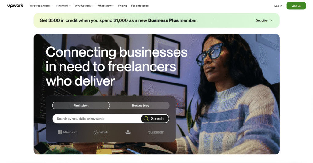 Comment gagner de l&rsquo;argent sans travailler - page d&rsquo;accueil de la plateforme de freelance Upwork