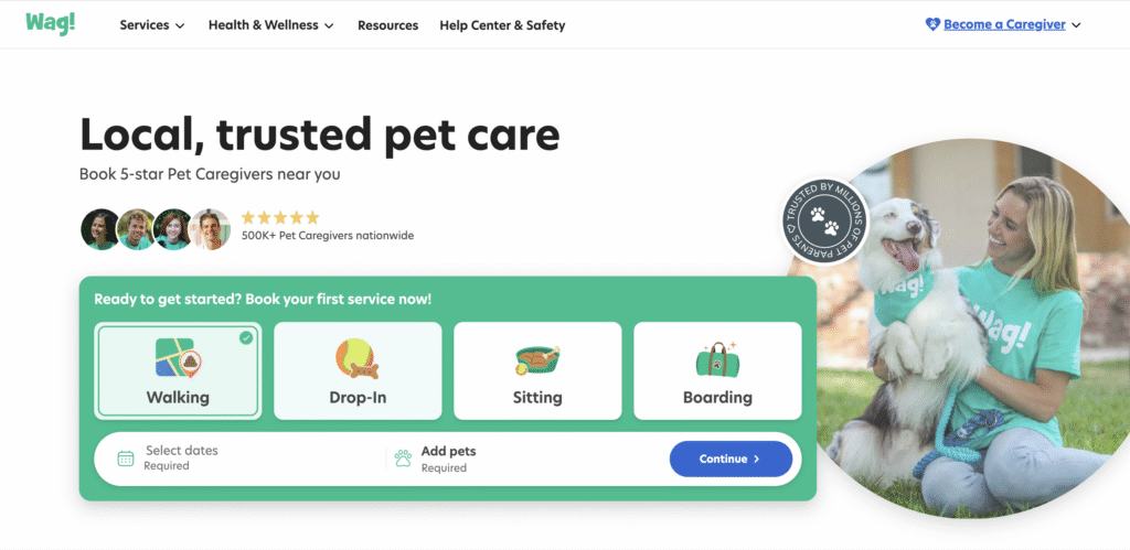 Page d&rsquo;accueil des services de garde et de soins pour animaux Wag!