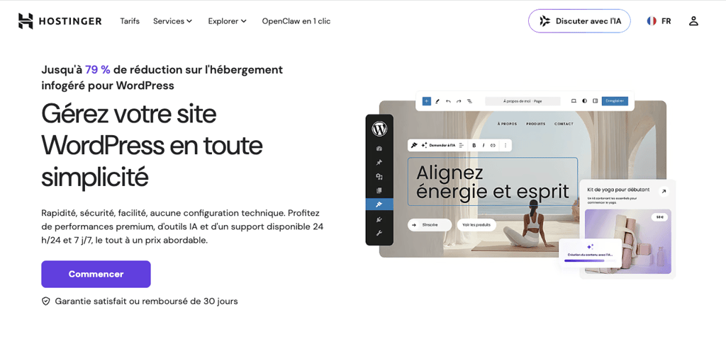 La page d&rsquo;accueil de l&rsquo;h&eacute;bergement WordPress de Hostinger.