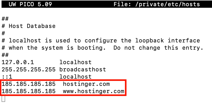 Contenu du fichier hosts d’un Mac avec des adresses IP personnalisées ajoutées pour le domaine Hostinger.com. Le cadre rouge indique les nouvelles associations et les adresses IP correspondantes.
