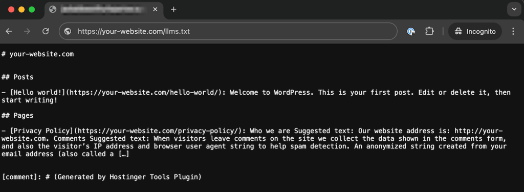 Fichier llms.txt d’un site web affiché dans un navigateur