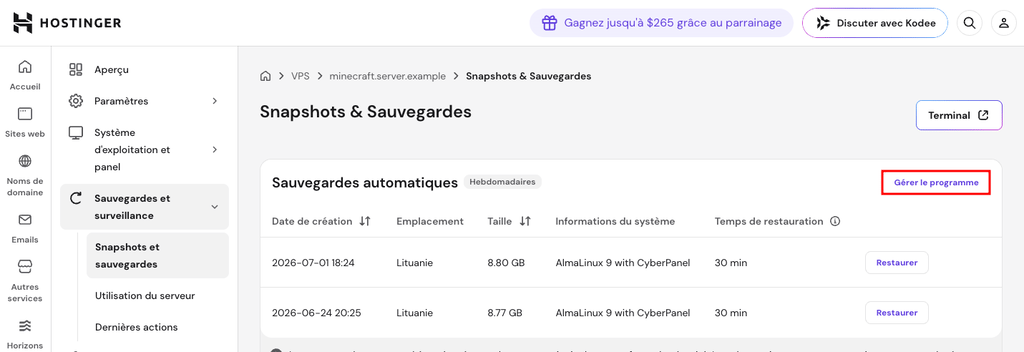 Paramètres de sauvegarde automatique dans hPanel