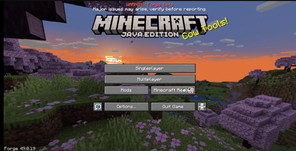 Écran de connexion de Minecraft Java Edition indiquant que la version bêta de Forge est chargée