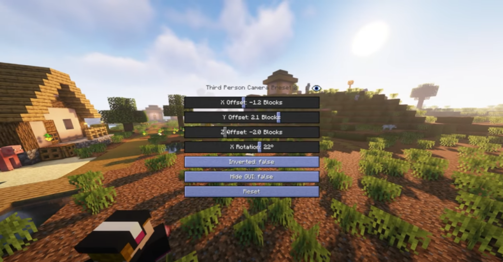 Paramètres en jeu des préréglages de caméra à la troisième personne du modpack Fabric pour Minecraft