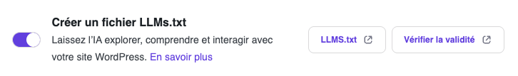 Bouton bascule permettant d’activer LLMs.txt dans l’extension Hostinger