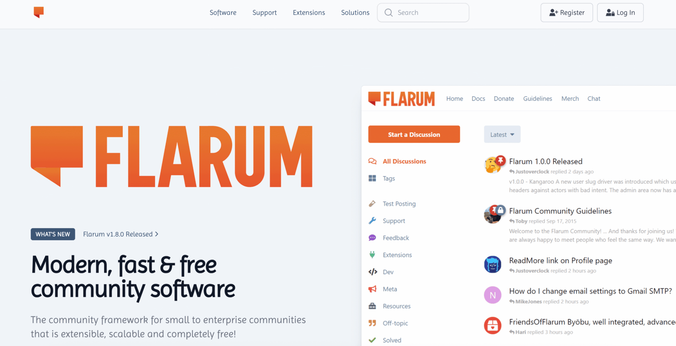 Page d’accueil du site de Flarum