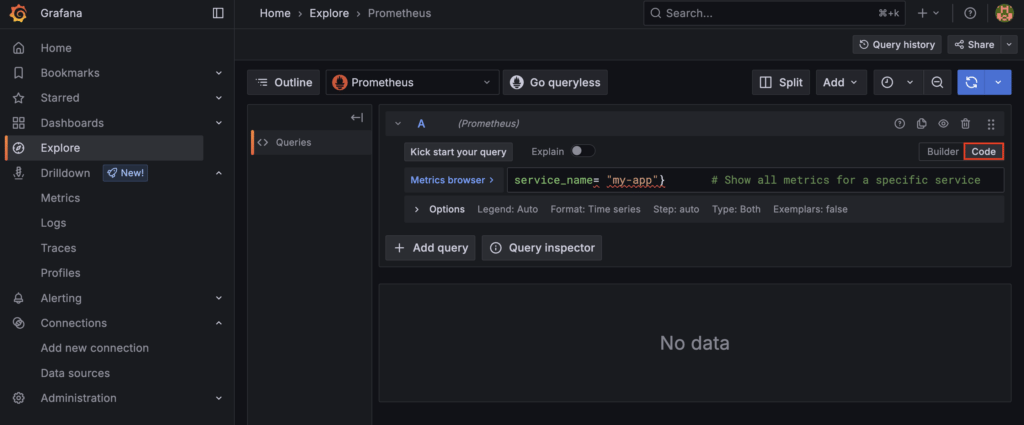 La section Explorer de Grafana avec la source de données Prometheus