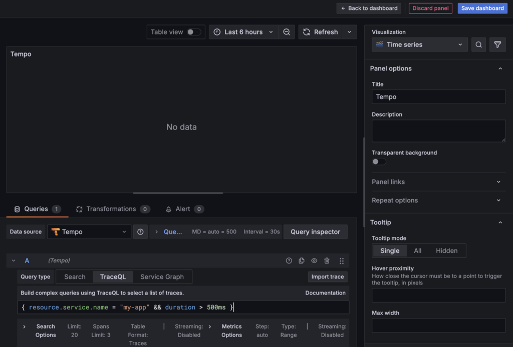 L’éditeur de panneau de Grafana avec la source de données Tempo