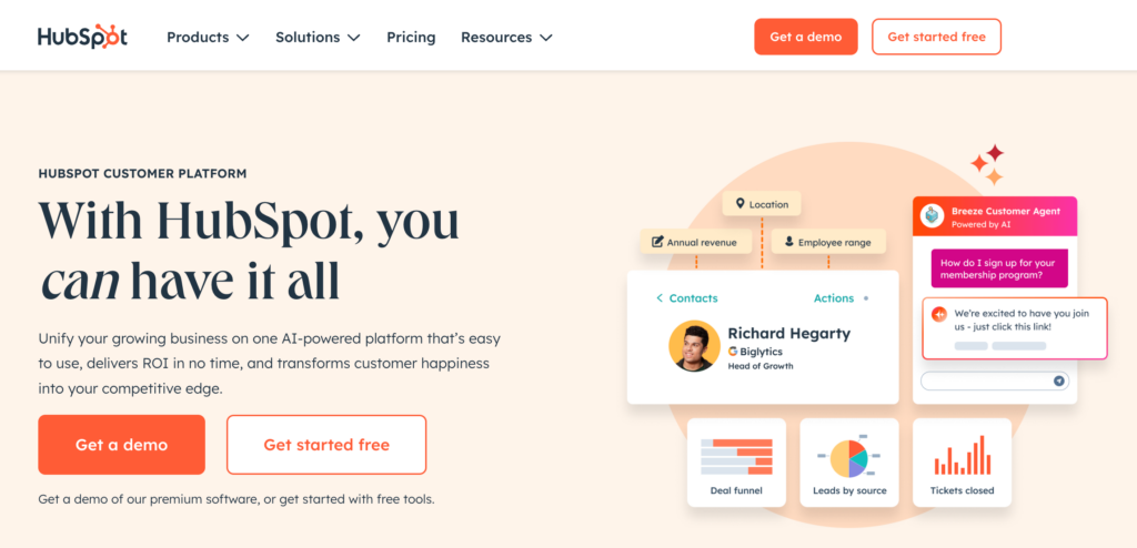 Page d'accueil de Hubspot