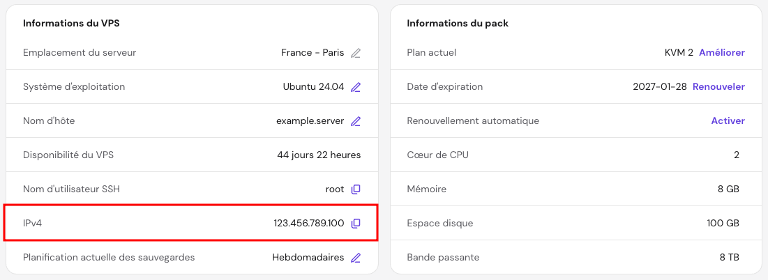 Adresse IPv4 du serveur affichée sur la page « Vue d’ensemble » du VPS dans hPanel