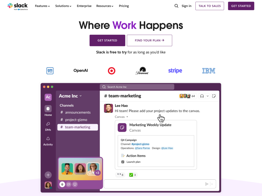 Page d’accueil de Slack