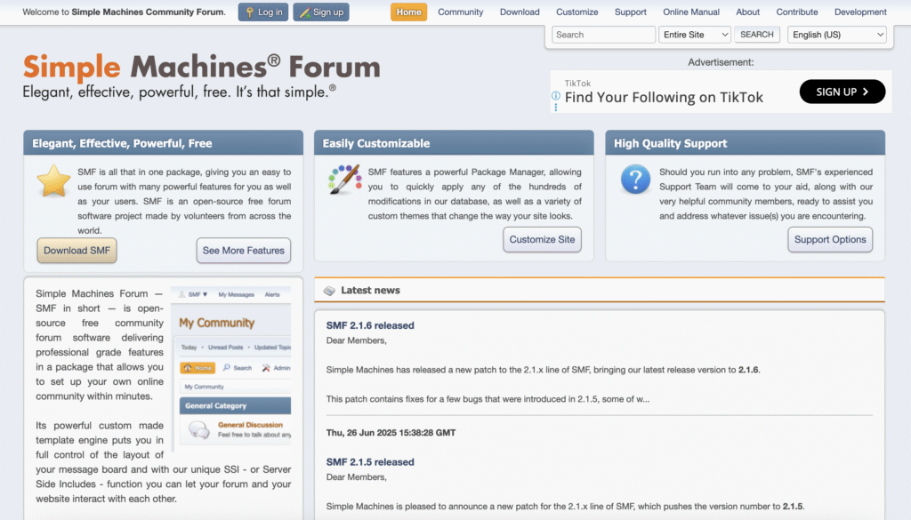 Page d’accueil du site de Simple Machines Forum